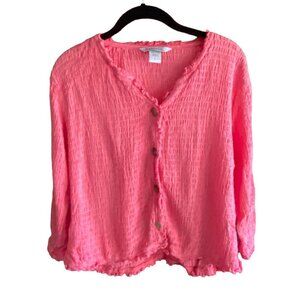 Fresco By Nomadic Traders V-Neck, Textured, Button Front Blouse-Pink-Size Large